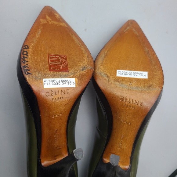 CELINE women heels pumps army green leather pointed toe SIZE US 5.5 EUR 36.5 - Picture 9 of 12